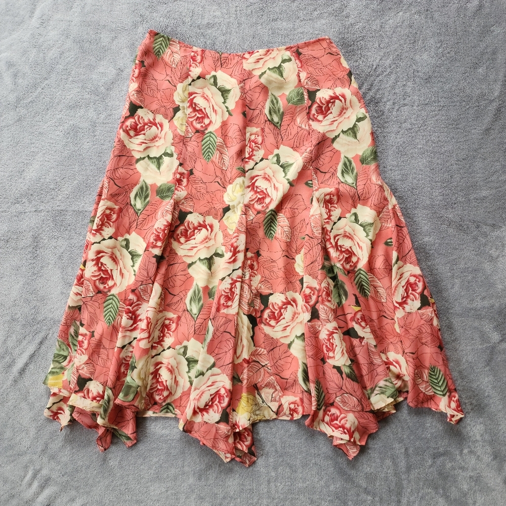 Coldwater Creek Peach Pink Green Rose Floral Asymmetrical Hem Midi Skirt